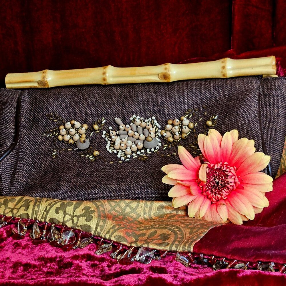 Vintage Avon Beaded Brown Fabric Bamboo Cane Handles Clutch